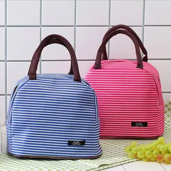 

New 2019 Women Leisure Portable Lunch Bag Canvas Stripe Insulated Cooler Bags Thermal Food Picnic Lunch Box Kids Ice Pack Tote