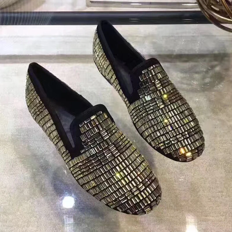 Pisos Mujeres Señoras stripes Toe Ocasionales Mujer Plata Negro Mocasines Cristal Con oro Plana Las De Diamantes Oro Zapatos Falsas En Zapato Deslizamiento Piedras Ronda plata fP8XxSq