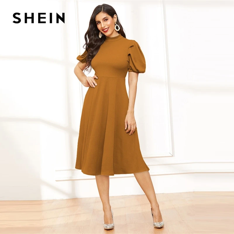 Download SHEIN Puff Sleeve Mock Neck Fit And Flare Stand Collar ...