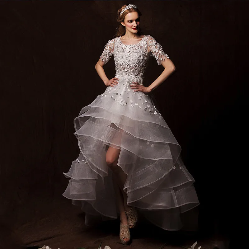 

2016 lace After short before long lace Wedding Dress with half sleeve flowers tiered pearls brides dresses new Fashion vestidos