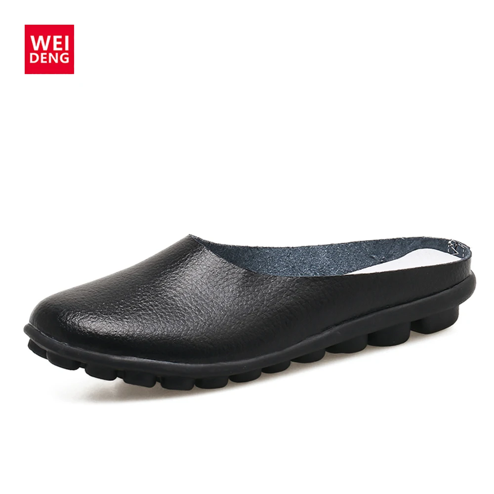 

Weideng Summer Women Half Slippers Shoes Casual Slip on Breathable Leather Shoes Woman Slides Outside Pure Color Slippers