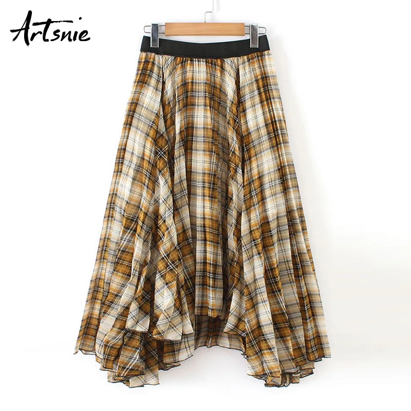 

Artsnie streetwear high waist plaid maxi long women skirt spring 2019 casual jupe femme girls beach vintage skirts jupes longue