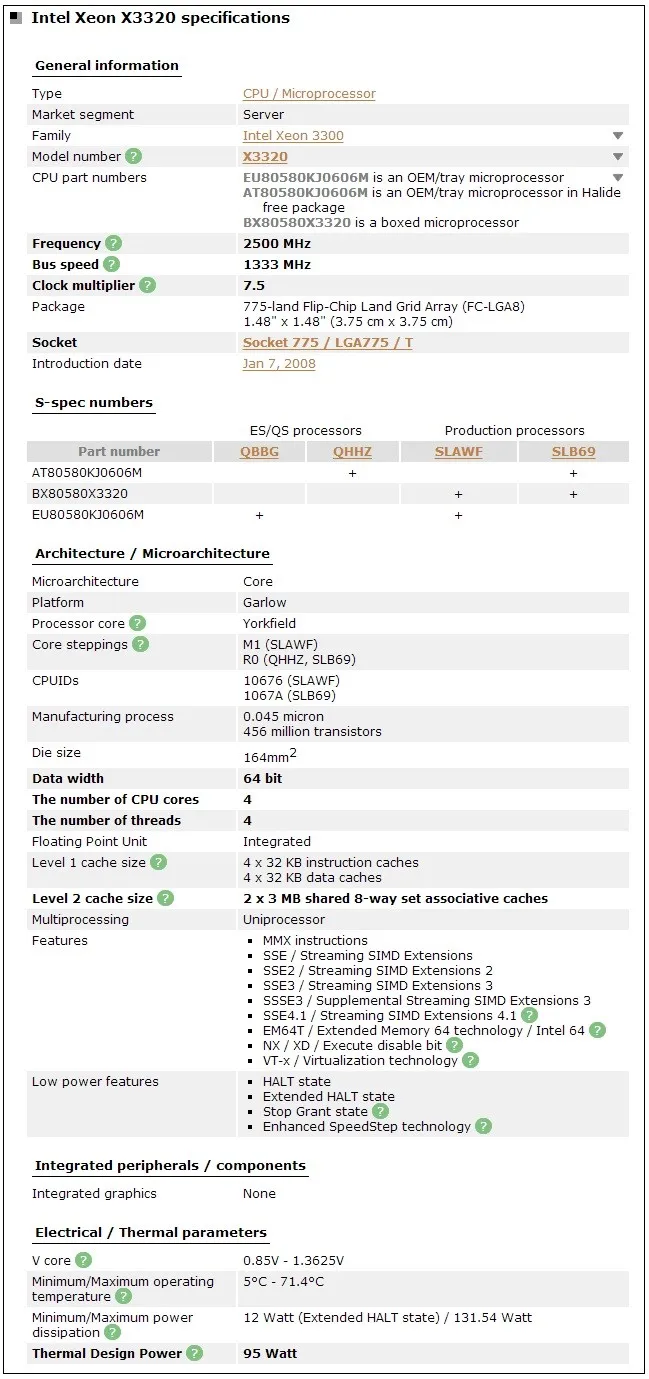 Intel xeon x3320 quad core 2.5 ГГц lga 775 95 Вт 6 м кэш 1333 цп сервера scrattered части бесплатно