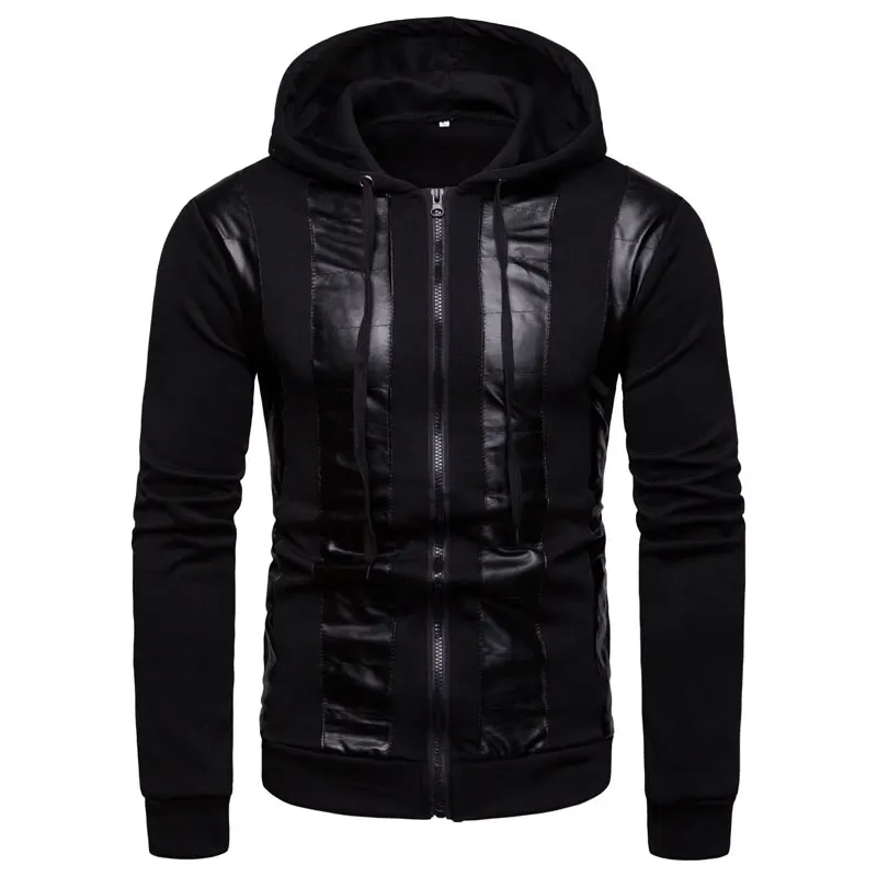 

Autumn New Men's Hooded Sweatshirt 3XL Personalized Pu Stitching Casual Hoodies Tops Punk Style Plus Size Streetwear