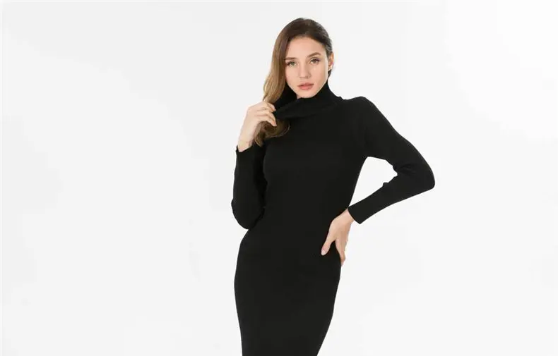 Women Dress 2019 Autumn Sweater Dress Cotton Rib Knit Slim Stretched Winter Turtleneck Sexy Lady Bodycon Robe Dresses Vestidos 09