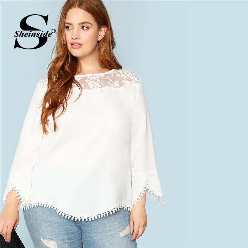 

Sheinside Plus Sheer Shoulder Lace Trim Top Women 2019 Spring Solid Three Quarter Length Sleeve Blouses Elegant White Top