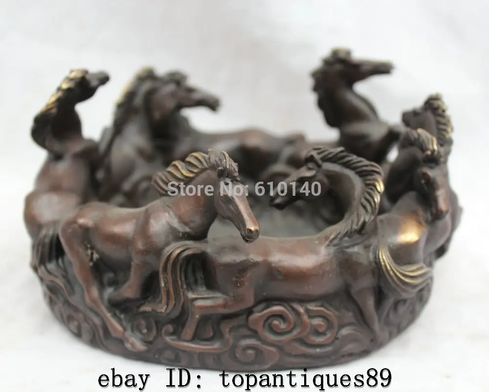 

Lucky Chinese Purple Bronze 8 Running Horse Statue Ashtray Bowl Incense Burner