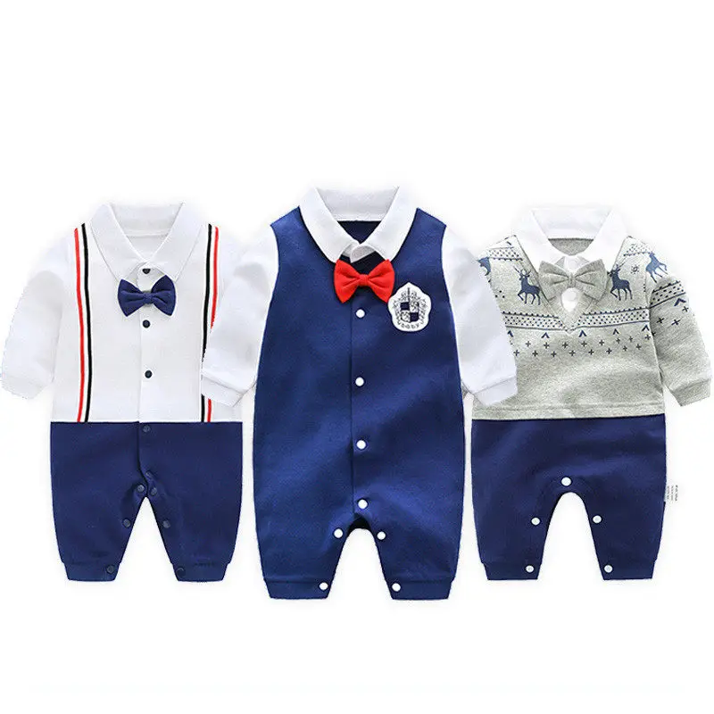 Newborn Baby Boy Rompers Bow Tie Cotton Gentleman Suit Formal Tuxedo