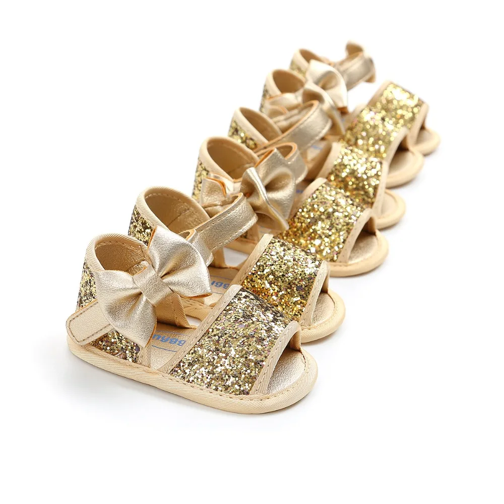 Brand Summer Sequin Bow Girls sandals PU Leather Princess sandals Gift baby moccasins Anti-slip Baby infant sandals