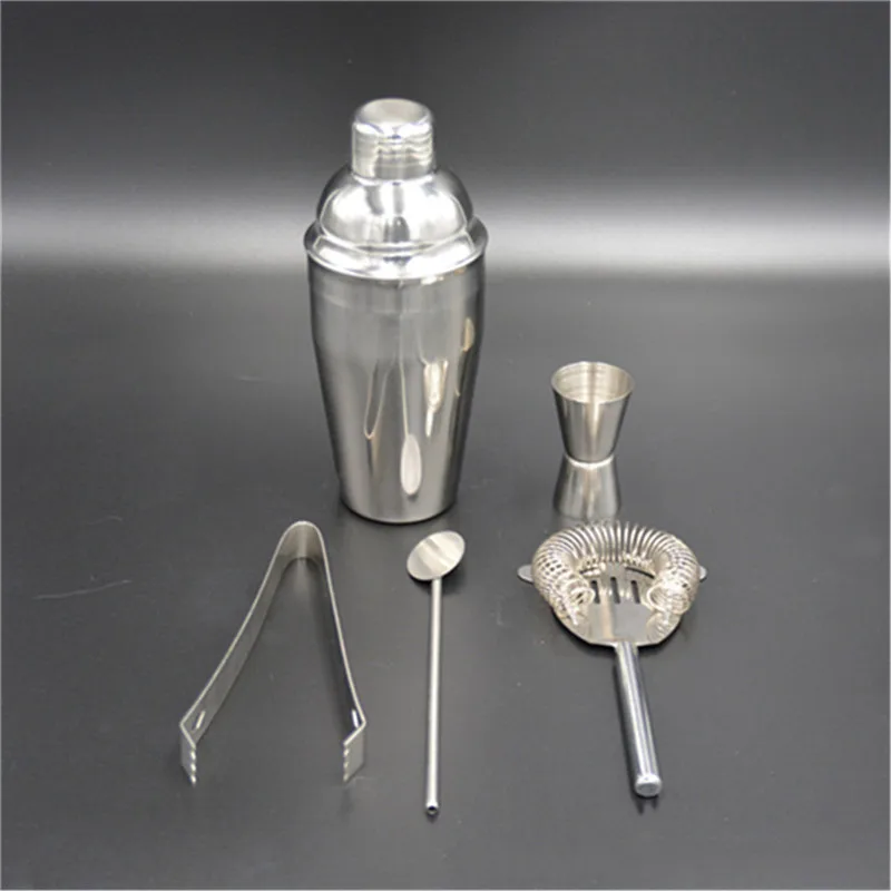 

5Pcs 250ml/750ml Mixer Drink Bartender Stainless Steel Drink Cocktail Shaker Jigger Mixer Spoon Strainer Ice Tongs Bartender Kit