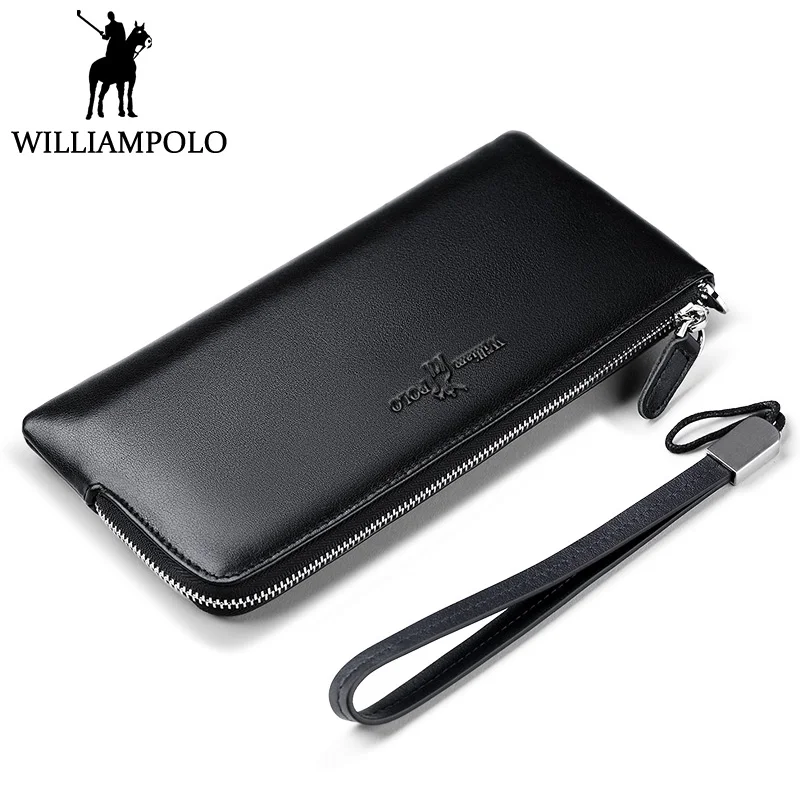 

WILLIAMPOLO Long Zipper Wallet Genuine Leather Men Purse with removable card holder Black Brown