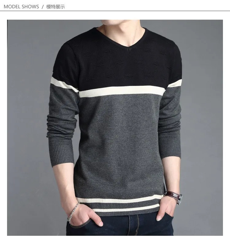 1305 весенне-осенний вязаный свитер с v-образным вырезом для мужчин, тонкая брендовая одежда, Полосатый пуловер, модное Джерси Hombre