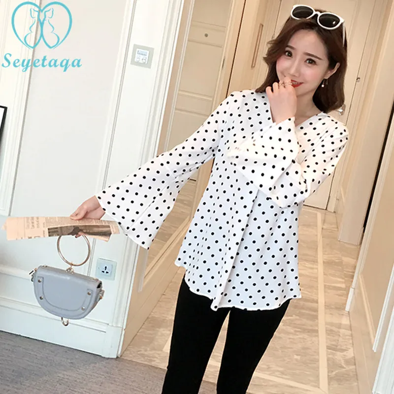 

935# 2018 Korean Fashion Maternity Shirt Polka Dot Printed Chiffon Clothes for Pregnant Women Summer Autumn Pregnancy Tops Tunic