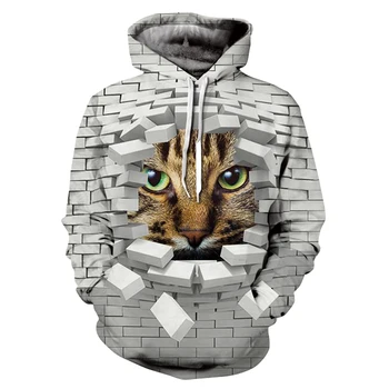 

Brand new animal personality print hoodie, men and women 3d wall break cat head hoodie, 2019 brand hoodie hip-hop sports suit st
