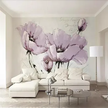 

Beautiful purple flowers Nordic minimalist TV background wall professional custom murals wholesale wallpaper poster photo wall