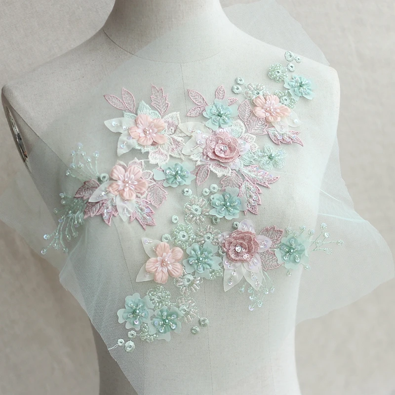 

Green Tulle Flower Lace Trim Hand Beaded Sequined Patch For Wedding Supplies Bridal Hair Flower Headpiece Lace Fabric Applique