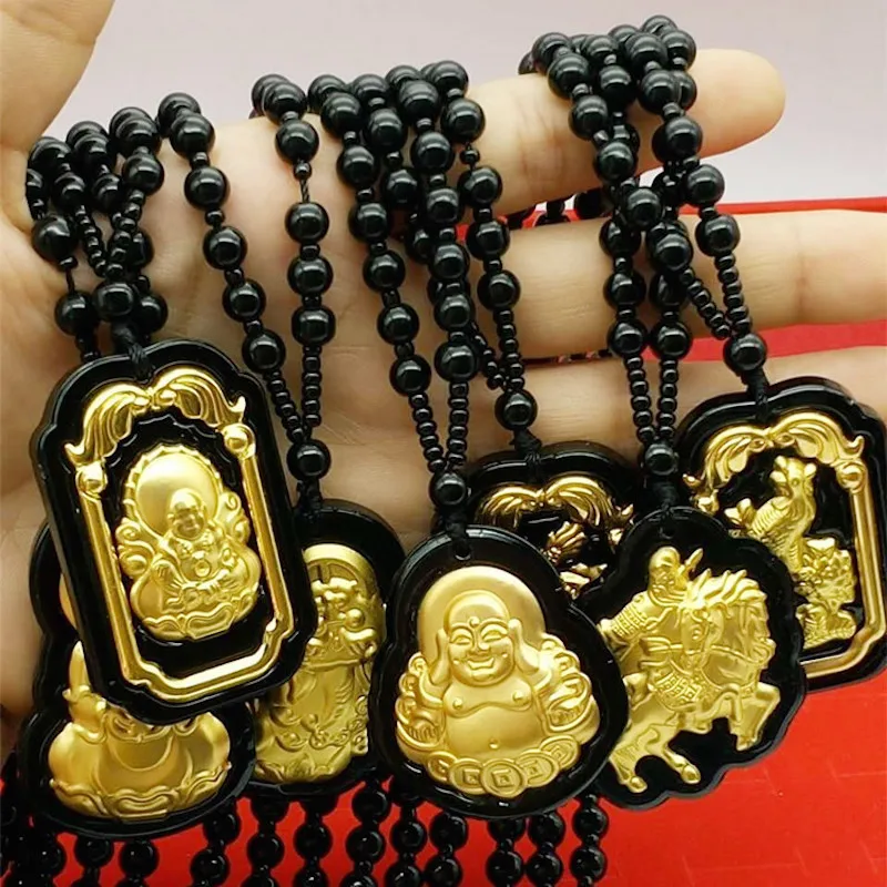 Natural Black Onyx Beaded Chain With Buddha Necklaces For Men Women