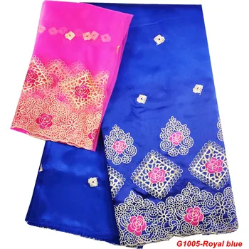 

African Wedding George Lace Fabric Blouse Embroidered Royal blue George Raw Silk Fabric With French Mesh Lace 7 Yards/sets G1005