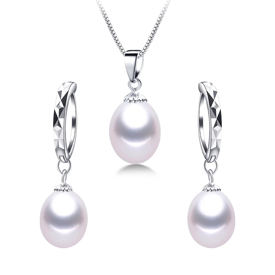 Натуральный пресноводный жемчуг, ювелирный набор, женская мода, 925 пробы, Серебряное свадебное ожерелье, набор из настоящего жемчуга, 8-9 мм, самый популярный - Цвет камня: white pearl