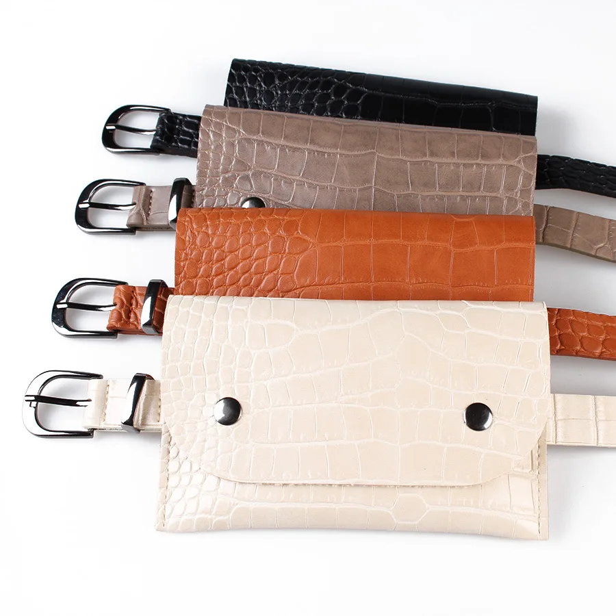 

European Alligator Pattern PU Buckle PIn Waist Bags Fashion Detachable Waist Belts With Purse Bag Women Black Leather Fanny Pack