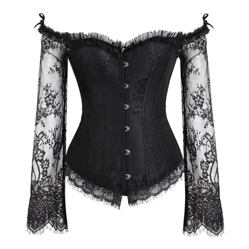

Plus Size Women Steampunk Corset Sexy Long Sleeve Lace Corselet Lace Up Bustiers Korset For Posture Party Club Wedding