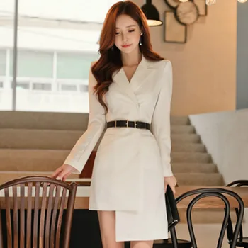 

2020 Autumn Irregular Solid Long Blazer Notched Long Sleeved Belt Mini Bodycon Office Work Dress