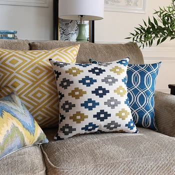 

Yellow Blue Abrstract Gemoetric Pillow Case Vintage Linen Pillow Cushion Cover Throw decorative cushion covers 45cm*45cm