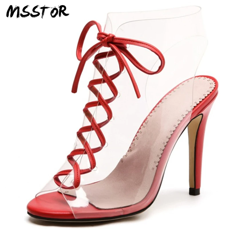 

MSSTOR Lace-Up Transparent Shoes Fashion Flus Size 33-43 Thin Heels Shoe Laces Casual Red Summer Shoes Peep Toe Women Sandals