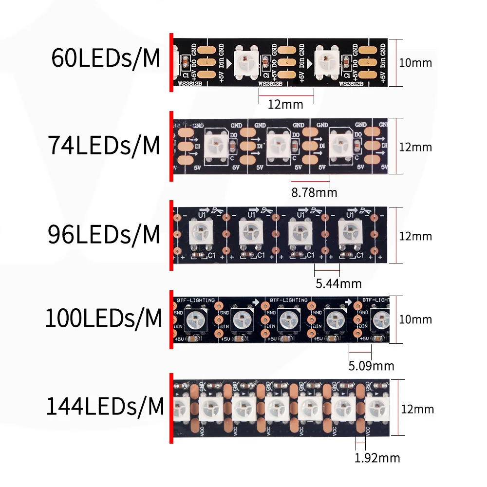 WS2812B RGB Светодиодные полосы пикселей светильник 1 м/4 м/5 м 30/60/74/96/144 пикселей/светодиодов/m индивидуально адресуемых IP30/65/67 DC5V