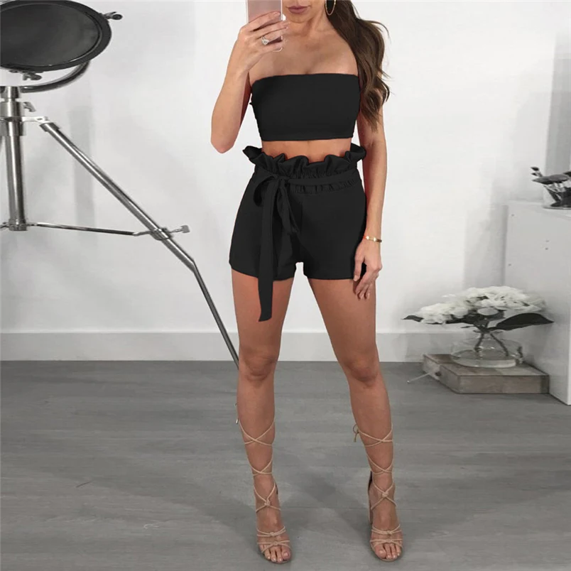Sexy Women Summer New Brand Sets Solid Off The Shoulder Sleeveless Beach Hot Sale Vest Blouse + Shorts Two-Piece Outfit #J25 (5)