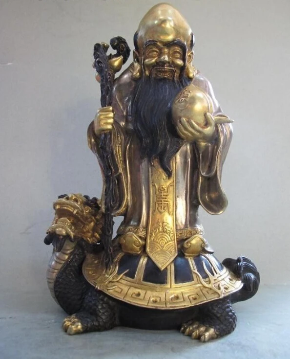 

China Pure Bronze 24K Gold-plated Silver-gilt Longevity god on Dragon Turtle tortoise