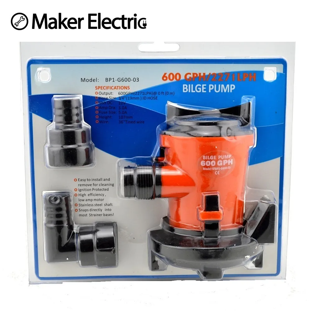 MKBP1 G600 03 3/4" hose 600GPH 12v solar bilge pump with marine water