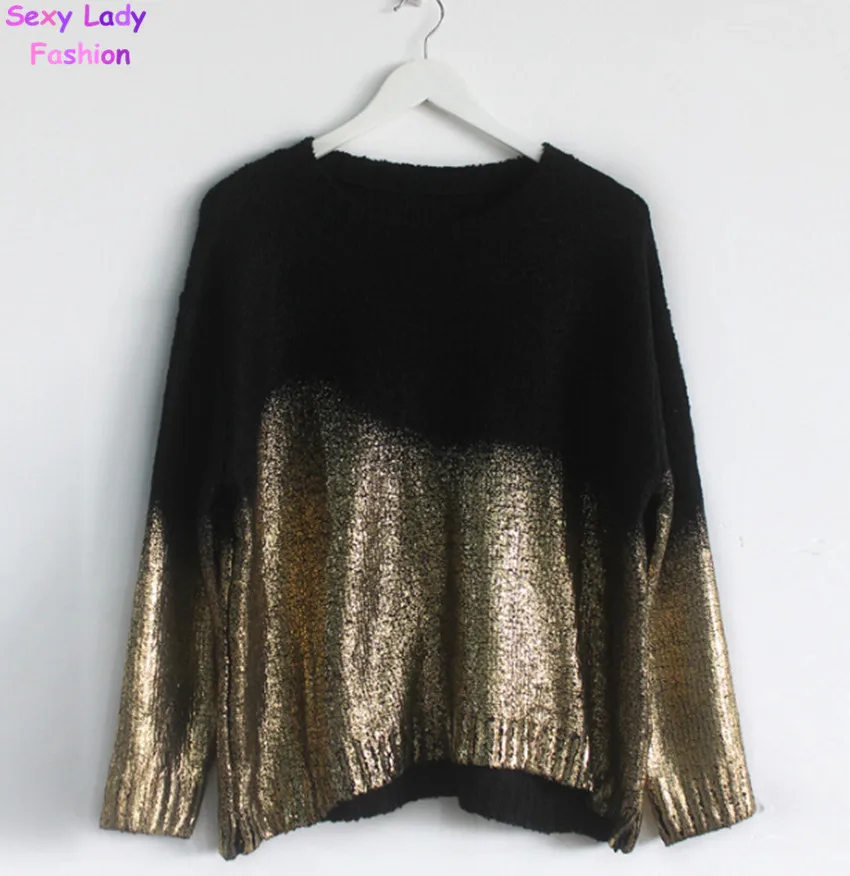 

PUNK Retro Contrast Gradient Bronzing Golden Color Print Knit Sweater Women's Batwing Sleeve Loose Pullover Sweater Knitwear
