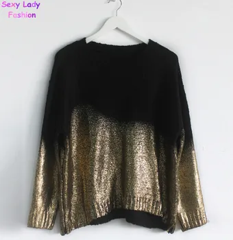 

PUNK Retro Contrast Gradient Bronzing Golden Color Print Knit Sweater Women's Batwing Sleeve Loose Pullover Sweater Knitwear