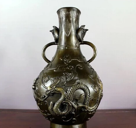 

USPS to USA S0979 12 Chinese folk Feng Shui Pure Bronze Copper Refined Dragon god beast luck Vase