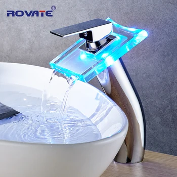 

ROVATE Bathroom LED Light Basin Faucet Above Counter Waterfall Taps High Basin Sink Mixer