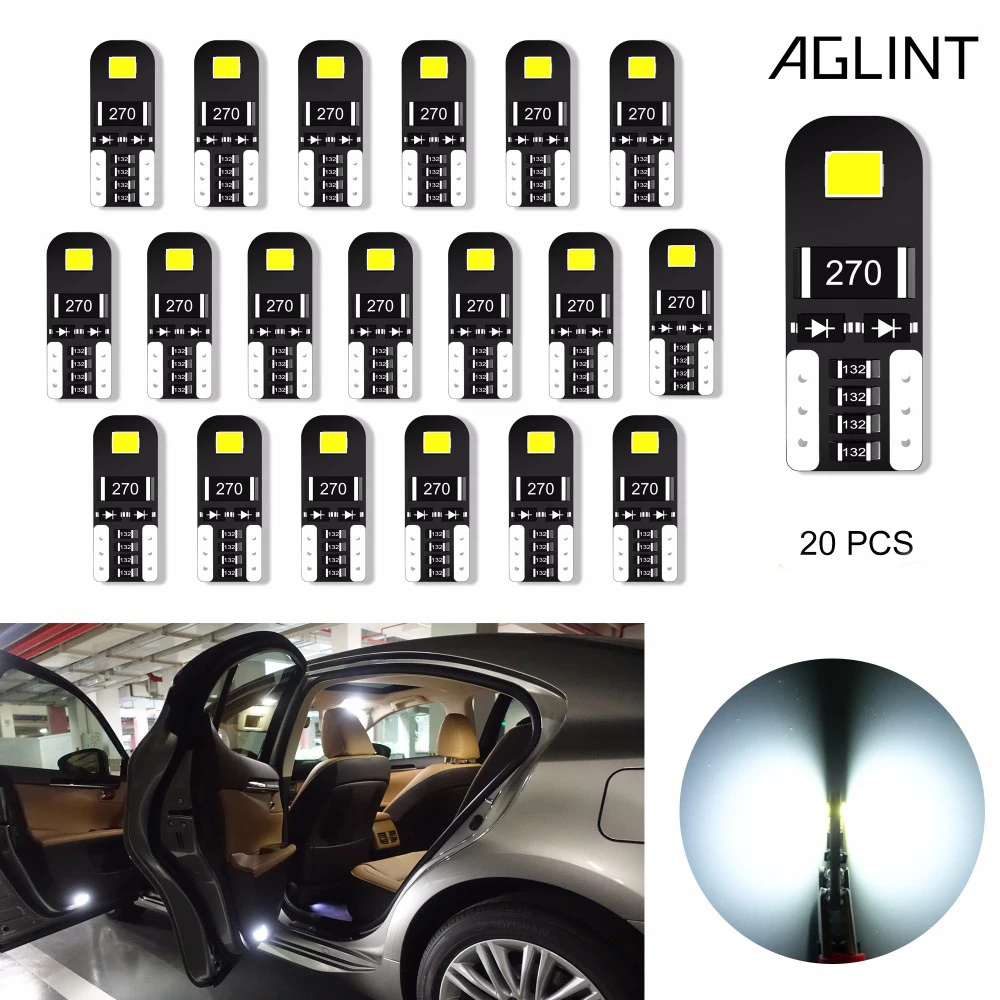 AGLINT 20 шт. T10 5W5 светодиодный автомобильный лампочка 2835 SMD без полярности для автомобильного внутреннего освещения, автомобильная лампа для чтения, белая, 12 Вольт