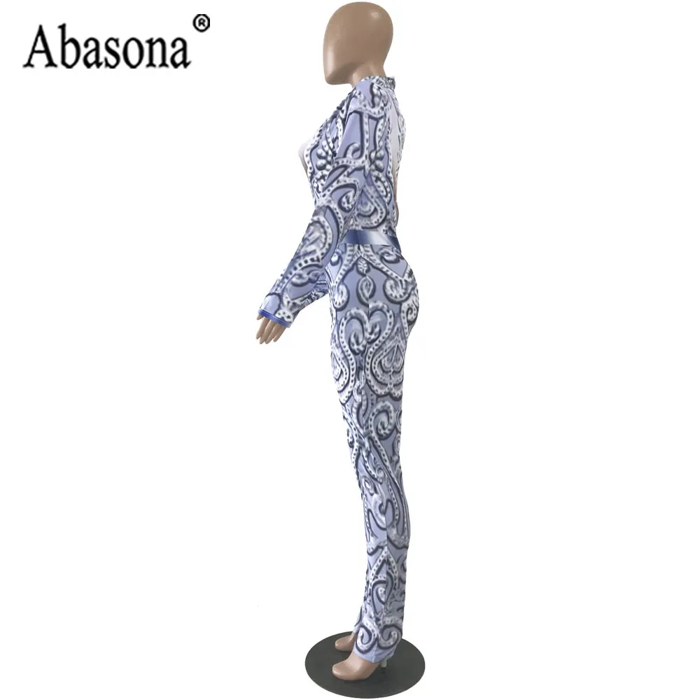 Abasona Vintage Print Sexy Bodycon Jumpsuit Women Long Sleeve Turtleneck Rompers Womens Jumpsuit Birthday Wear Party Outfit