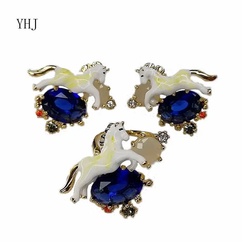 

2018 new enamel unicorns Blaupunkt Ladies Silver Pin Earrings adjustable ring plated gold