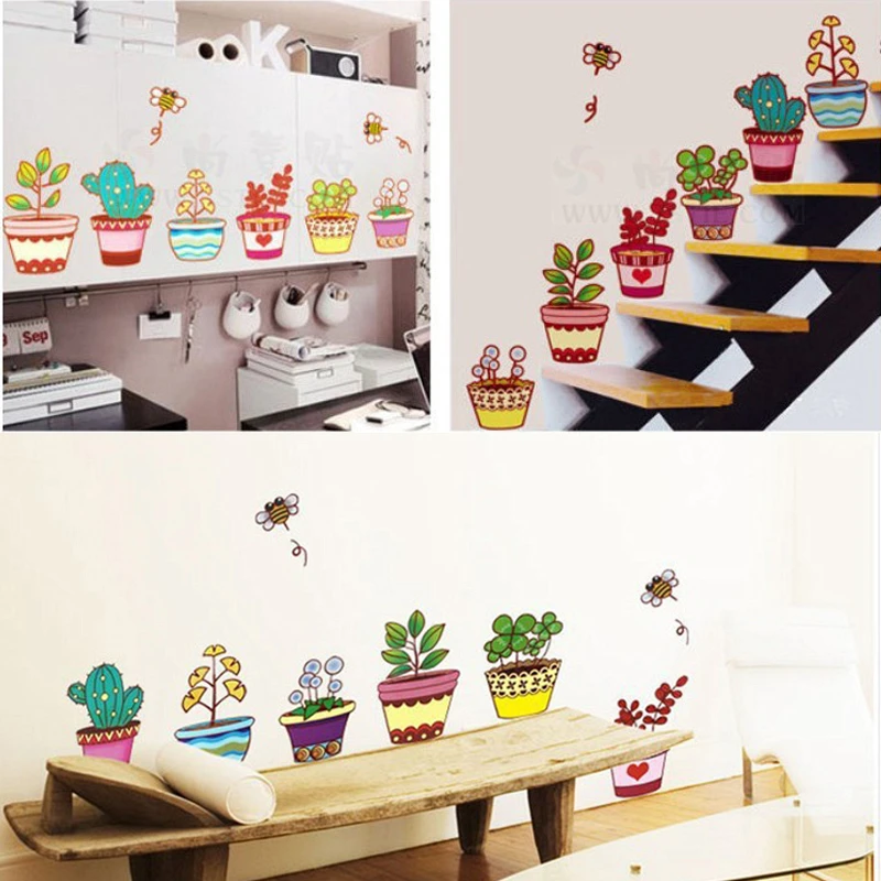 Creative Pastoral Bonsai Pot Flower Plant Wall Stickers Pvc Decoration Window Sticker Decorative Home Living Room Stairs Decals