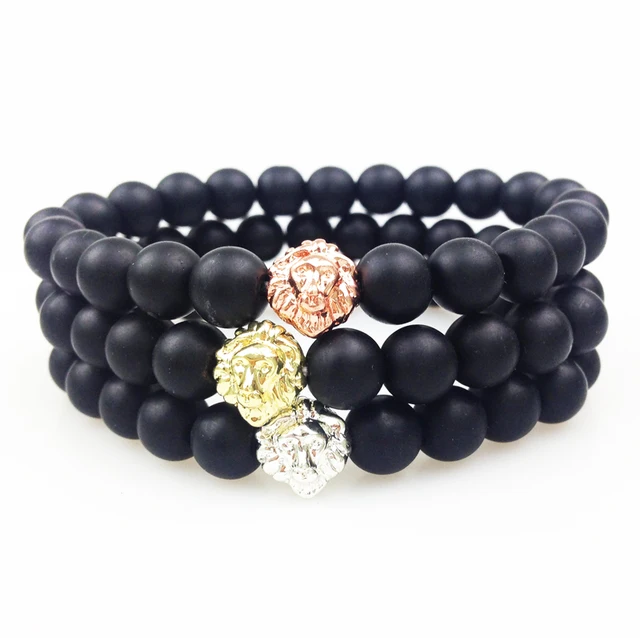 Sn0353 Gold Rose Silver Lion Head Bead Bracelet 8mm Matte Black Sn0353 Gold Rose Silver Lion Head Bead Bracelet 8mm Matte Black Onyx Women