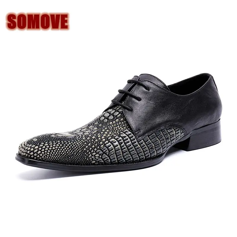 

2018 Spring New men's shoes Italian style Luxury Jewelry Brand Wedding shoes Crocodile skin pattern black Lace-up 38-46