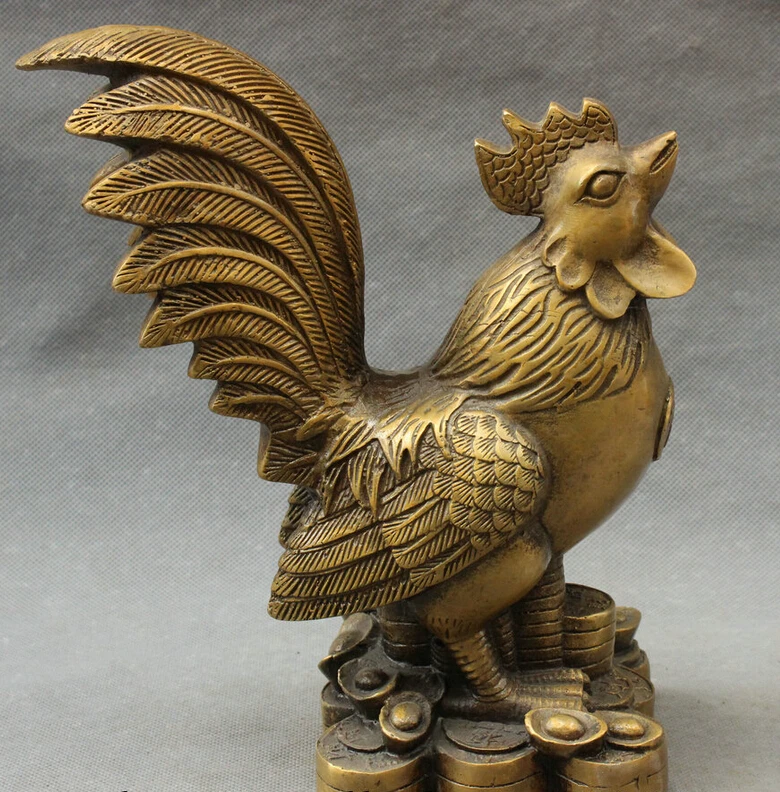 

S3490 9" FengShui Chinese Bronze Year Zodiac Wealth YuanBao Coin Cock Rooster Statue D0317