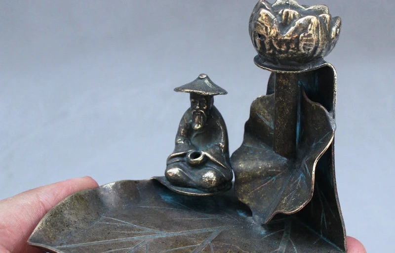 

4" Folk Old ChinaCollect Bronze Lotus Old man Leaf YanTai Inkstone Inkslab