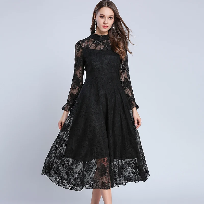 2018 Spring Solid Lace Sexy Full Sleeve Black Mid Calf