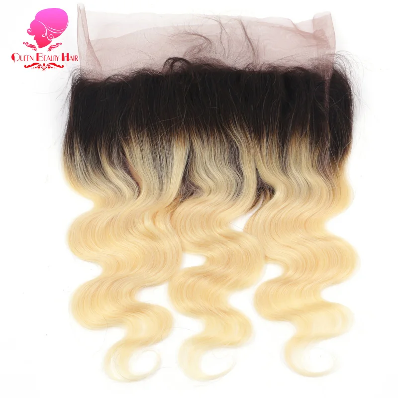 

QUEEN 1B 613 Ombre Blonde Remy Human Hair Closure 2 Tone Color Brazilian Body Wave 360 Pre Plucked Lace Frontal with Baby Hair