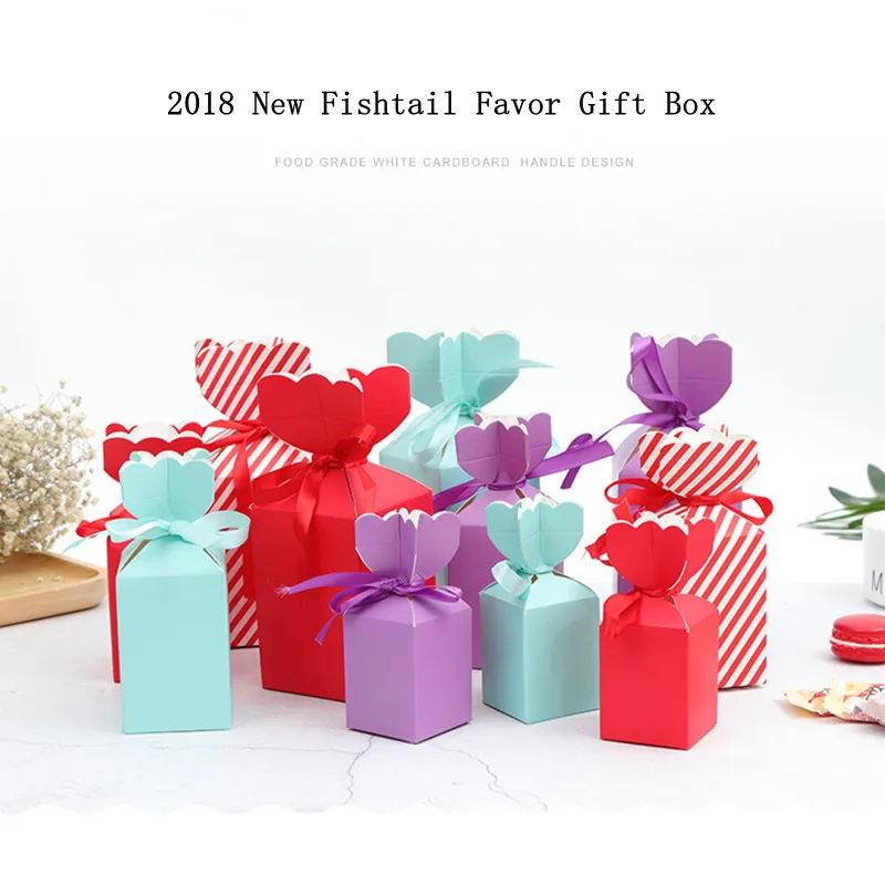 

2018 New Small Solid Romantic Fishtail Candy Boxes with Ribbon Paper Wedding Favor Party Gift 30pcs/lot Birthday DIY Gifts Boxes