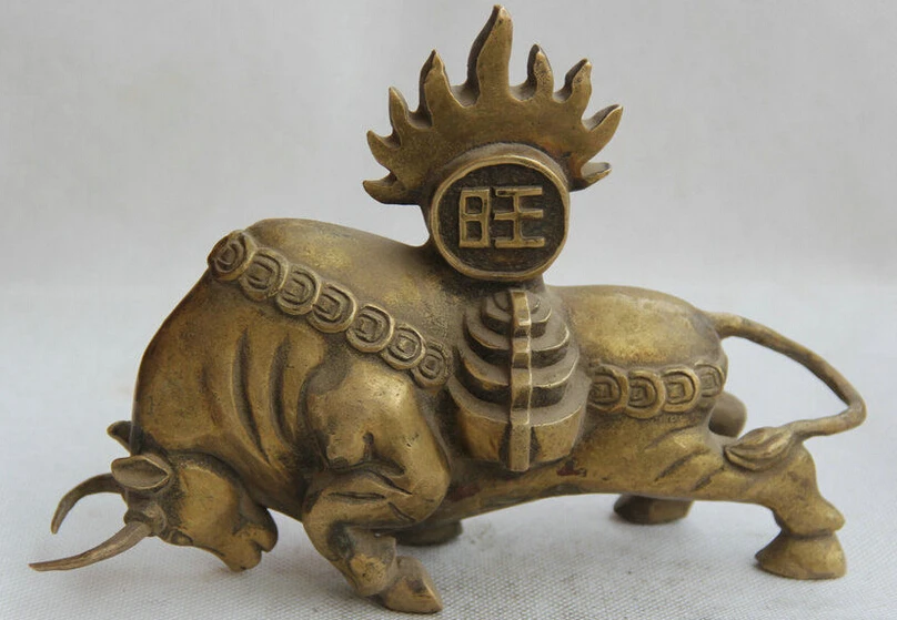 

307@g++8" Old Chinese Copper FengShui Zodiac Year Bull Oxen Strong Wealth Rich Statue