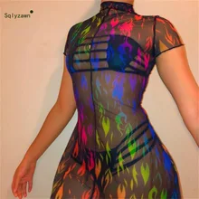 Сетчатое платье в стиле панк, женские платья с цветочным принтом, мини Сетчатое летнее женское элегантное цельное пляжное платье с коротким рукавом и цветочным принтом