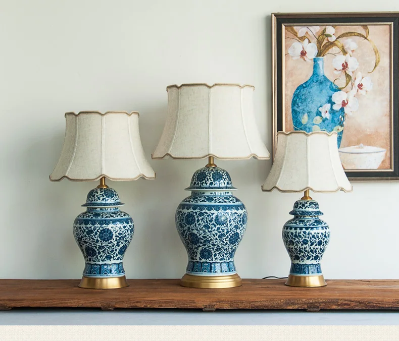 64 см китайский стиль синий и белый фарфор настольная лампа для спальни прикроватная гостиная отель инженерный светильник Медная настольная лампа